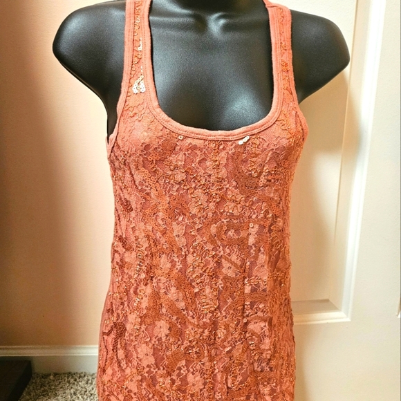 BKE Tops - BKE Lace Tank Top in Rust Orange With Sequins Detail